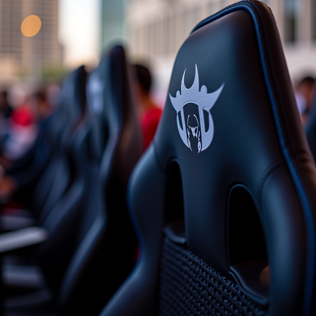 A row of sleek gaming chairs with unique logos in a vibrant setting.