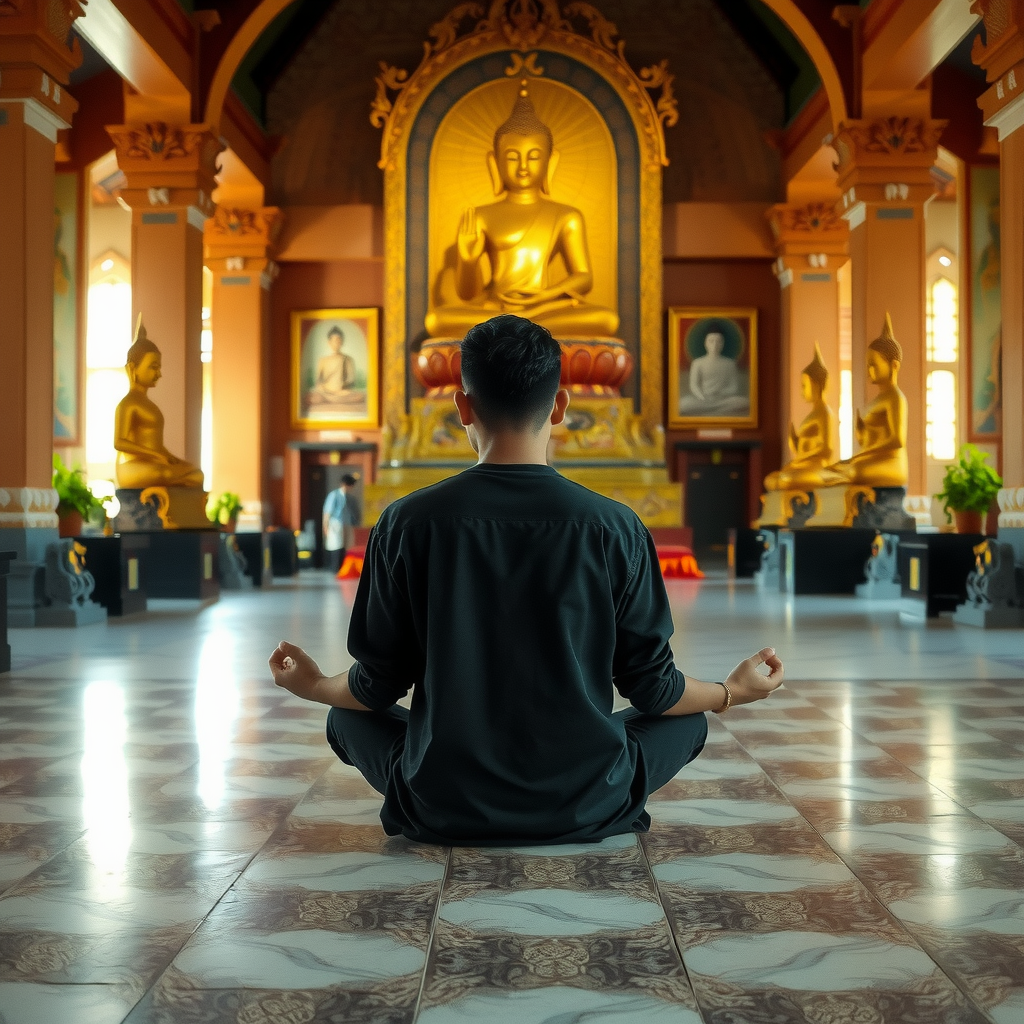 A person meditates in front of a large Buddha statue in an ornate temple.