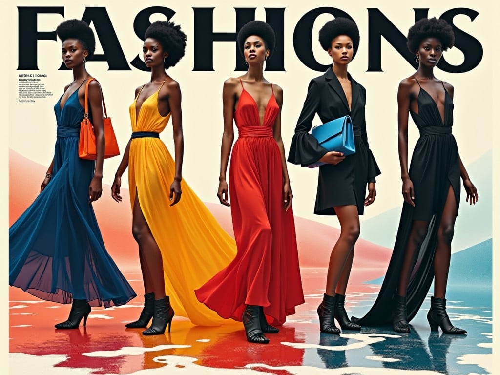 This image showcases an elegant and futuristic fashion scene featuring five models lined up against a vibrant backdrop. Each model is wearing a stunning, flowing dress in bold colors – red, yellow, blue, and black – accentuated by fashionable boots. The lighting is bright, enhancing the allure of the fabrics and highlighting the sleek designs. The overall composition conveys a sense of modernity and sophistication, characteristic of contemporary fashion shoots. This artistic approach embodies un glamorism, with a focus on elegance and style, ideal for attracting fashion enthusiasts.