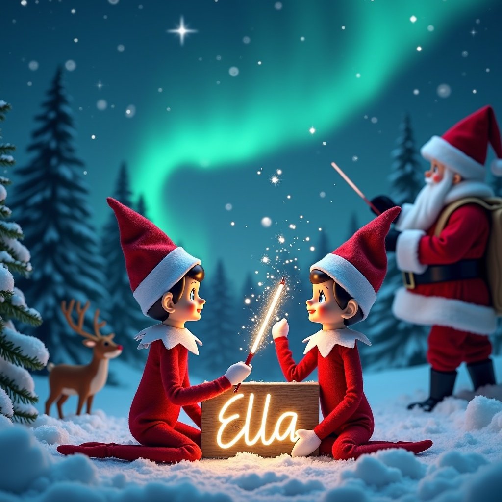 The image features two traditional elves sitting in a snowy forest of the North Pole. They are using glowstick wands to write a name on a wooden sign. The name displayed is Ella. The night sky is filled with stars, and the enchanting northern lights dance above them. The elves wear festive holiday outfits, surrounded by snow-covered pine trees. A reindeer can be seen in the background, adding to the winter magic of the setting. An Elf on the Shelf is positioned with its back to the viewer and gazes up at the night sky, wielding a magic wand that creates sparkles in the air. In the enchanting background, northern lights dance, and Santa Claus waves cheerfully, adding a festive touch, as delicate names 'Brenli' and 'Scottlyn' are elegantly written in the sky, embodying the magic of the moment. The entire scene evokes a heartwarming holiday atmosphere, reflecting joy and wonder.