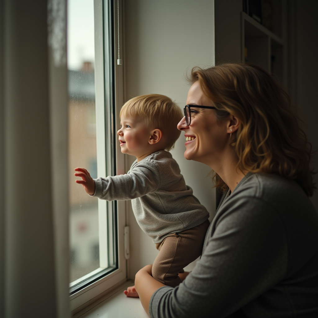 A woman and a young child smile while looking out a window together.