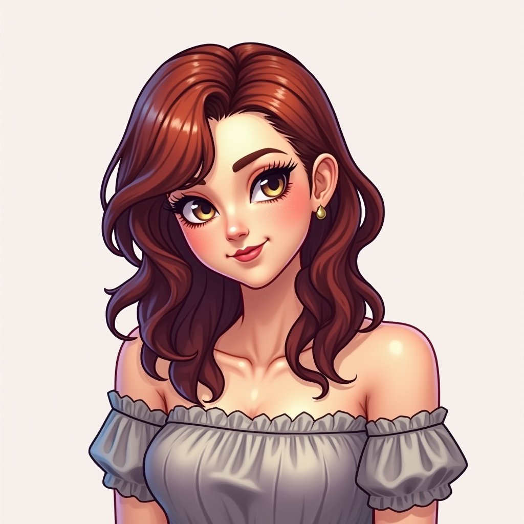 A stylized digital portrait of a cute anime girl with brown hair and an off-shoulder dress, designed in a cartoon style.