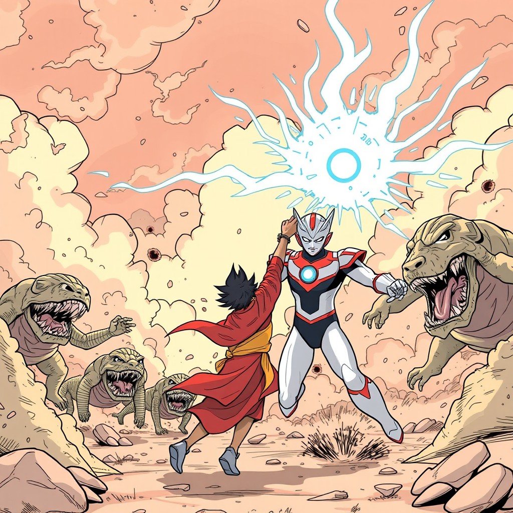 A superhero and a young warrior fight off a pack of dinosaur-like creatures in a dusty desert landscape.