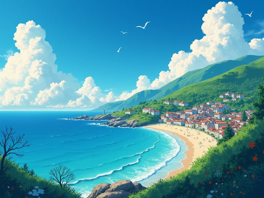 A picturesque coastal landscape shows a vibrant beach area with a charming town located on a hillside. The sandy shores stretch alongside clear turquoise waters where people can be seen enjoying a sunny day. Lush greenery frames the scene, with colorful flowers dotting the foreground. In the distance, fluffy white clouds hover over rolling hills, while seagulls fly overhead. This artwork captures the essence of a perfect summer getaway, inviting viewers to dream of seaside adventures.