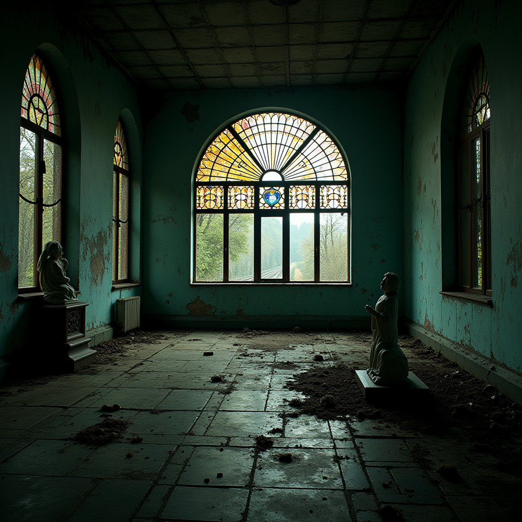 An eerie, old room with peeling paint and statues bathed in light from stained glass windows.