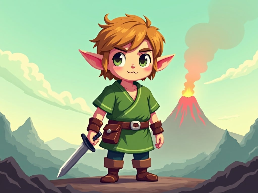 A pixel art character wearing an apple-green tunic stands out prominently. The character holds a small sword or dagger. The background features a distant landscape with a volcano in the far background. The character has large, expressive eyes and pointed ears, giving them an adventurous appearance. The setting is reminiscent of a small adventure RPG world, full of charm and simplicity.