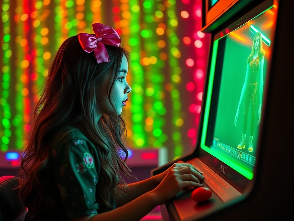 A girl with a pink bow is immersed in gaming at a neon-lit computer station.