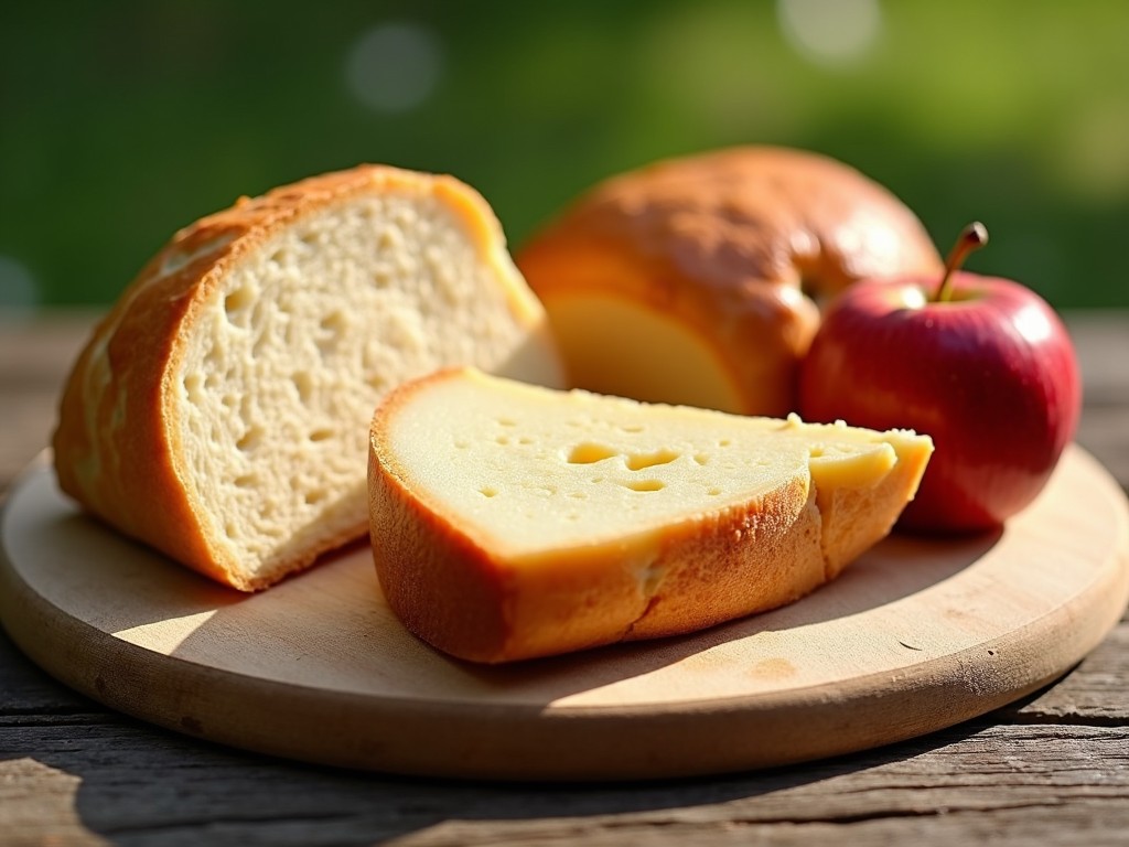 The image showcases a rustic scene featuring a sliced loaf of bread, a whole loaf, and a fresh red apple on a wooden board. The bread appears golden brown, highlighting its fresh texture. A vibrant apple adds a pop of color, creating a balanced composition. The warm natural light enhances the appetizing look of the food. This arrangement invites viewers to think of cozy meals and snacks in a relaxed outdoor setting.