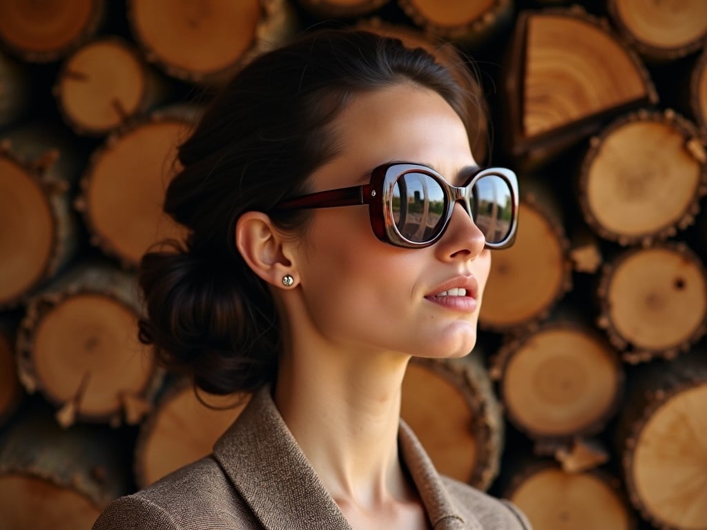 The image features a young woman resembling a classic beauty, standing confidently in profile. She is wearing oversized Dior sunglasses that capture light and highlights her striking facial features. The background consists of neatly stacked firewood, providing a rustic contrast to her sophisticated look. Bright indoor studio lighting enhances the scene, emphasizing the details of her sunglasses. The overall composition exudes elegance and fashion-forward style, making it suitable for various lifestyle and fashion contexts.