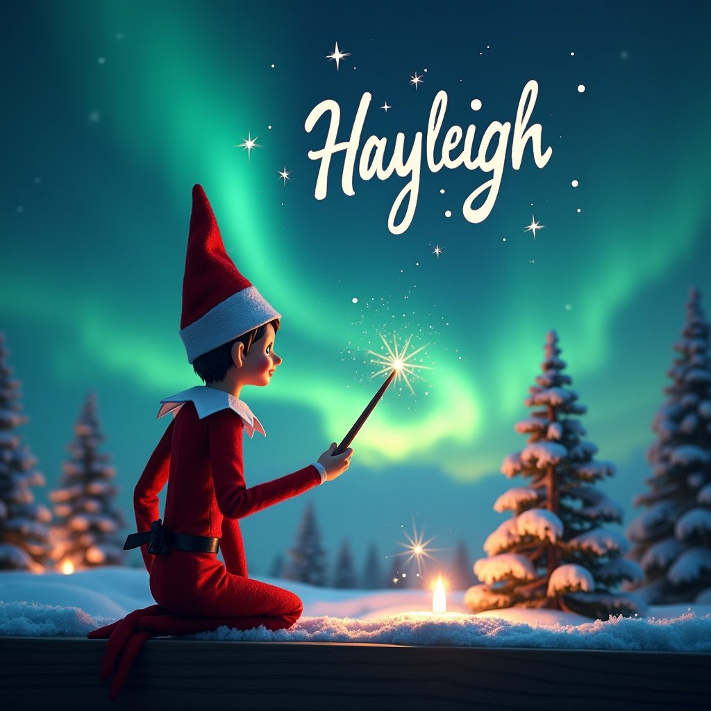 This image features an elf on the shelf, sitting with his back to the viewer. The elf is facing the vibrant northern lights, using a wand to magically write 'Hayleigh' in the night sky. The background is adorned with soft snow-covered trees and twinkling lights, creating a cozy festive ambiance. Nearby, a candle flickers gently, adding warmth to the scene. The combination of colors and magical elements evokes the spirit of Christmas and childhood wonder.