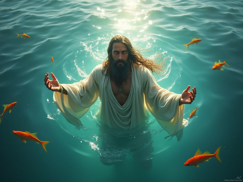 A man stands in a serene body of water, his arms open wide as if welcoming the viewer. He has long hair and a beard, wearing flowing white robes. Around him, small goldfish swim gracefully in the water. The lighting is soft and heavenly, creating a tranquil atmosphere. The scene evokes a sense of peace and spirituality. It feels like a moment of connection with nature and the divine.