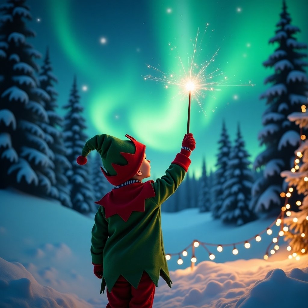 A magical winter scene captures a child dressed in an elf costume from behind, gazing at the sky. The child, named Riley, holds a wand that creates a beautiful spark. Northern lights cast a vibrant glow over the snow-covered landscape. Surrounding trees are blanketed in snow, enhancing the festive atmosphere. Twinkling lights in the foreground add warmth, evoking holiday cheer.