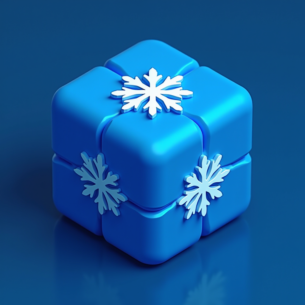 A blue, cube-shaped gift box with white snowflake designs on each side, set against a matching blue background.