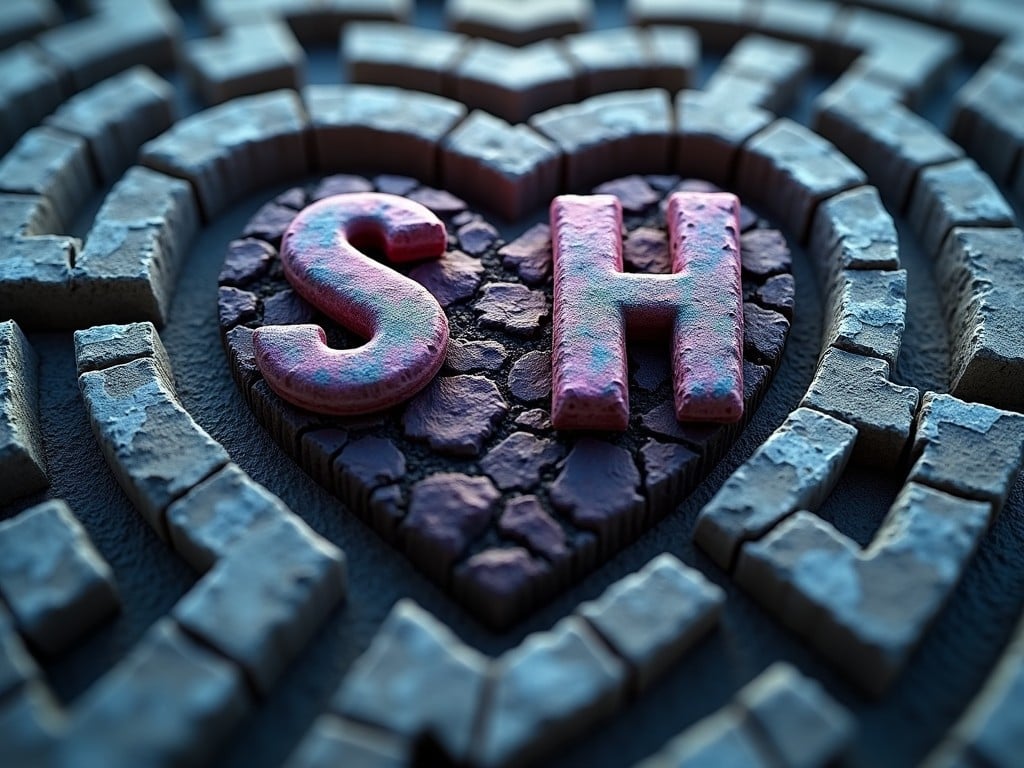 The image depicts an artistic arrangement of a heart-shaped maze with large 3D letters 'S' and 'H' at the center. The letters are placed on a textured stone surface, giving a earthy and tactile feel. The maze walls and the heart outline are casting shadows, highlighting intricate details under ambient lighting.