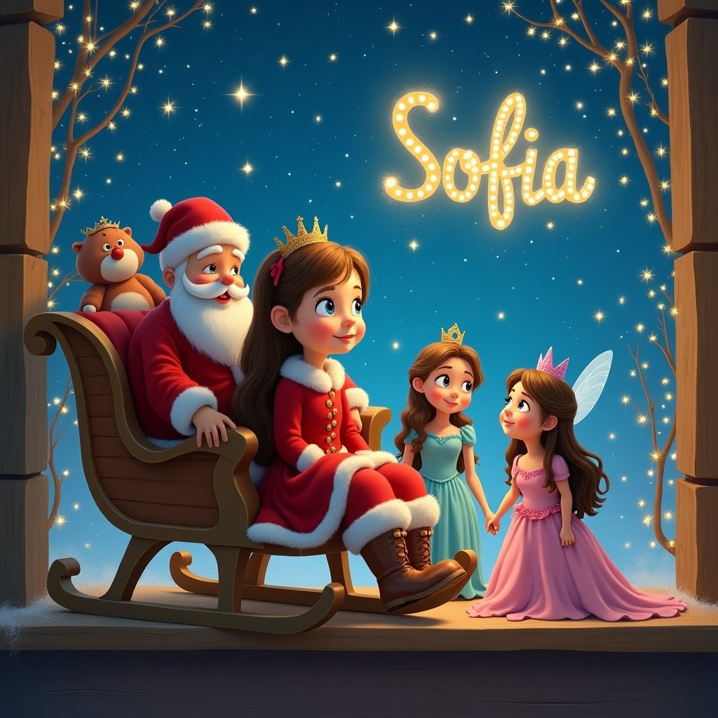 This image features a magical night scene with Santa Claus in a sleigh accompanied by a little girl named Sofia, who has long brown hair and blue eyes. They are joined by fairy princesses, creating an enchanting atmosphere. The background is a beautiful night sky filled with stars, adding to the festive feel. The name 'Sofia' is artistically displayed in sparklers, making it a perfect representation of holiday cheer. The overall tone is joyful and whimsical, ideal for celebrating Christmas and fairy tales.