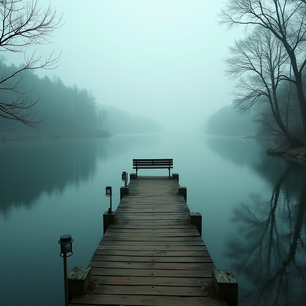 A foggy lakeside scene with a wooden dock and bench under tranquil reflections.