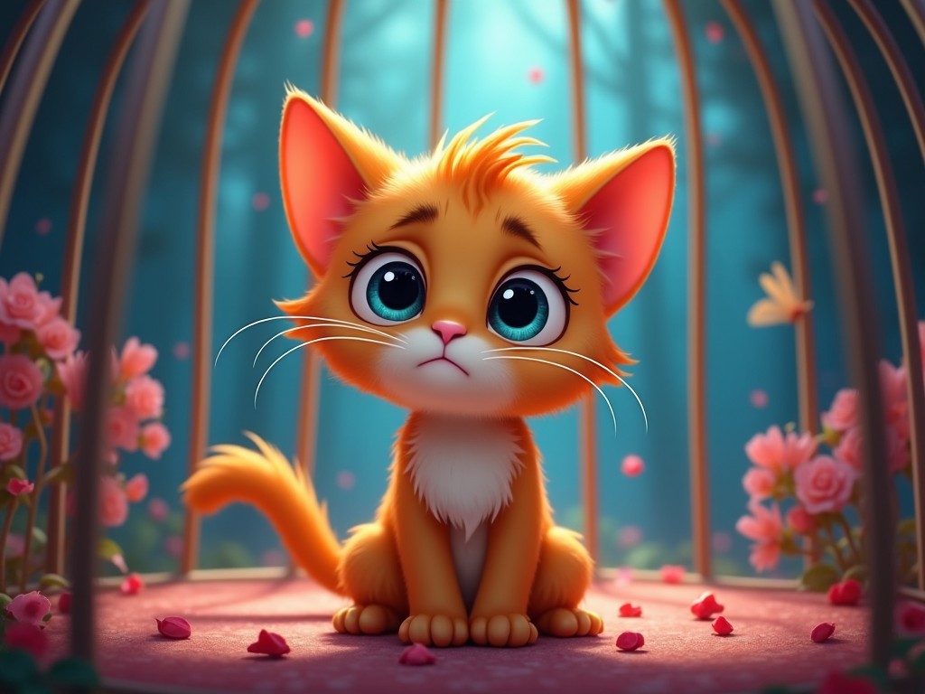 An adorable animated kitten with large expressive eyes sitting inside a decorative cage with pink flowers and a forest background.