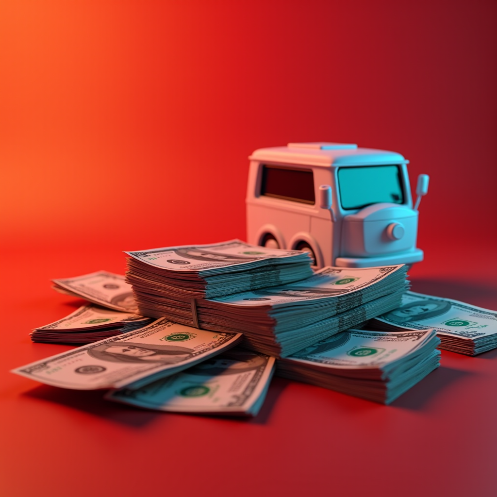 A playful scene with stacks of cash next to a toy-like blue truck on a vibrant orange background.