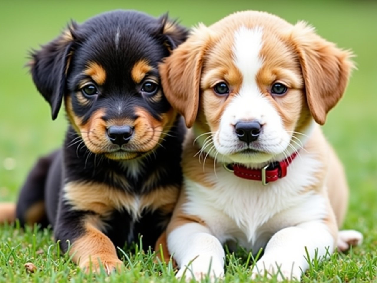 Two adorable puppies are sitting closely next to each other. The puppy on the left has a mix of black and tan fur, with bright, expressive eyes. The puppy on the right has a light tan and white coat, giving it a soft appearance. Both puppies are wearing collars, adding a touch of charm. They seem relaxed and comfortable in each other's company, surrounded by a natural grassy setting. The background is simple, emphasizing the puppies' cuteness.