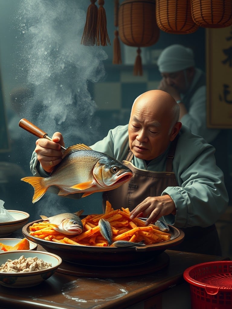 A chef humorously prepares a dish by placing a large fish atop a plate of fries.