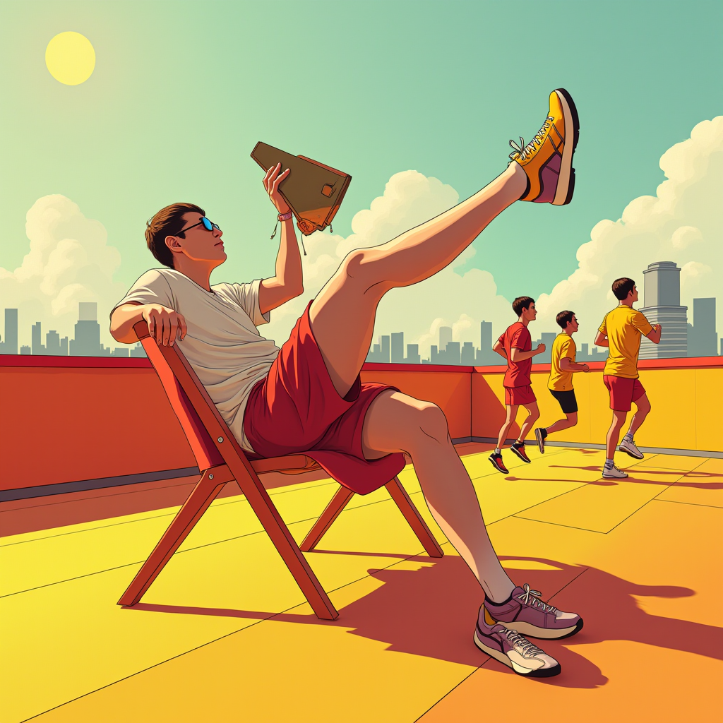 A man in red shorts relaxes on a rooftop, carefree, as joggers pass by against a city skyline under a bright, sunny sky.