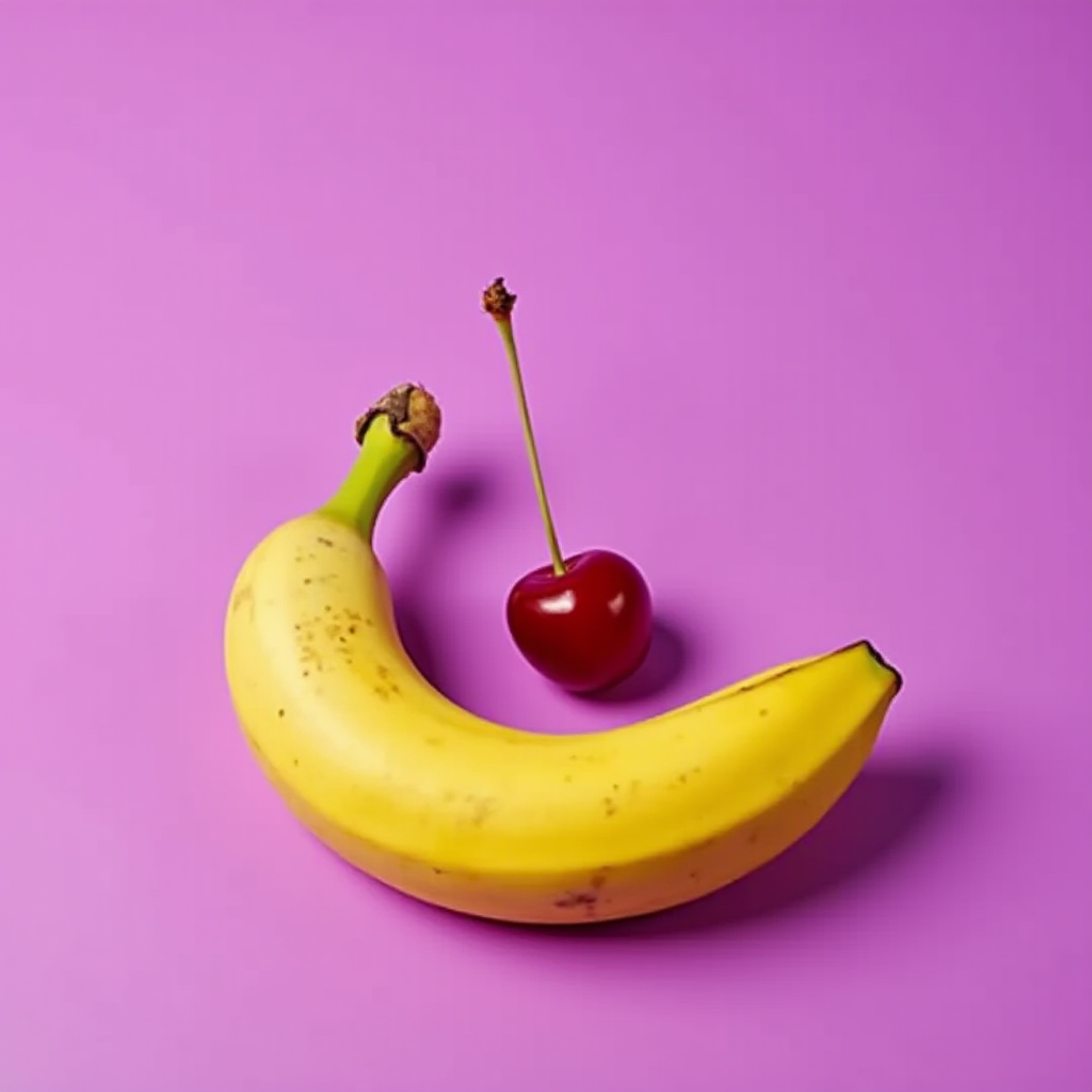 A banana and a cherry are placed on a vibrant purple background.