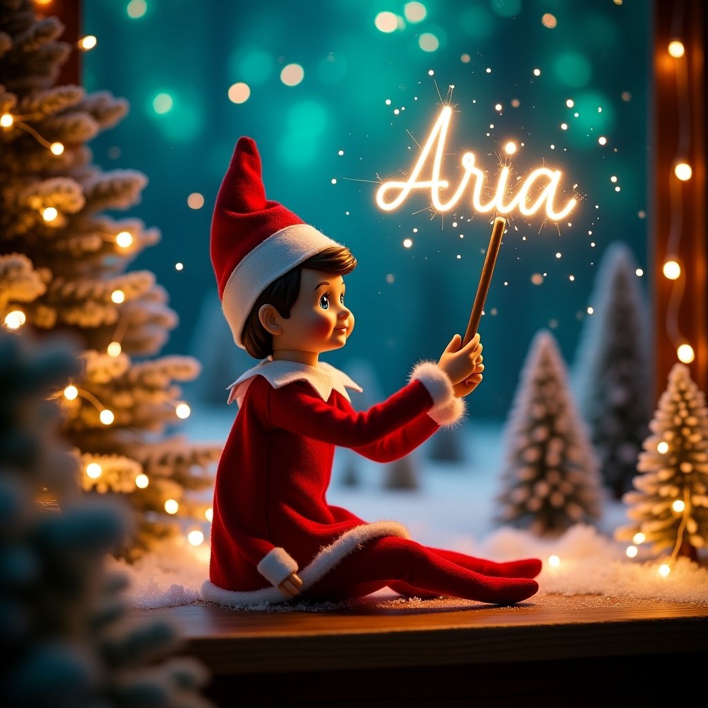 An enchanting Christmas scene featuring a girl elf on the shelf. The elf, dressed in red and white, wields a magic wand to write 'Aria' in sparkling script above her. The backdrop showcases vibrant northern lights, creating a magical ambiance that fills the space with festive spirit. Surrounded by fluffy snow and twinkling lights, the scene captures the joy and wonder of the holiday season. The elf's position and action evoke a sense of excitement and whimsy, perfect for the Christmas celebration.