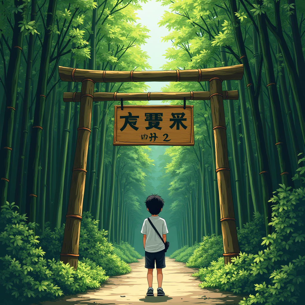 A young person stands on a picturesque bamboo forest path, gazing at a wooden sign hanging from a torii-style gate, surrounded by lush green foliage.