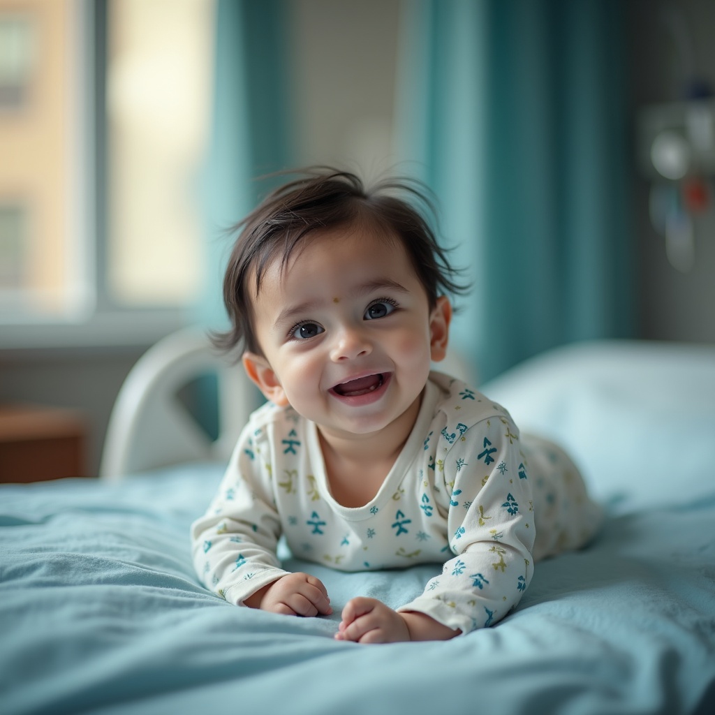 A joyful baby smiling on a bed, wearing cute pajamas, with soft natural lighting and a cozy home environment.