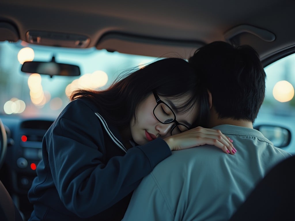 The image captures a serene moment inside a car with a woman resting her head on a man's shoulder. The woman, wearing glasses and a dark hoodie, appears to be sleeping peacefully, evoking a sense of comfort and trust. The background is softly blurred with bokeh lights visible through the car windows, indicating an evening setting or cityscape.