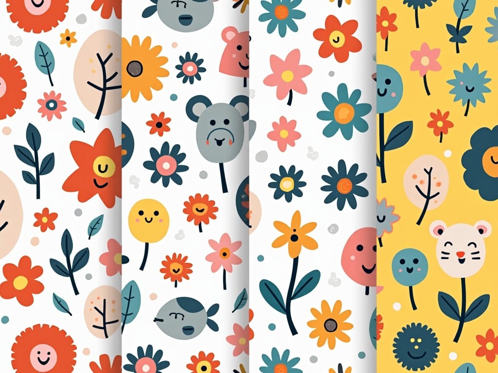 An illustration featuring cute floral patterns with cheerful animal faces in a vibrant color palette including orange, yellow, blue, green, and peach, arranged in a seamless, whimsical pattern.