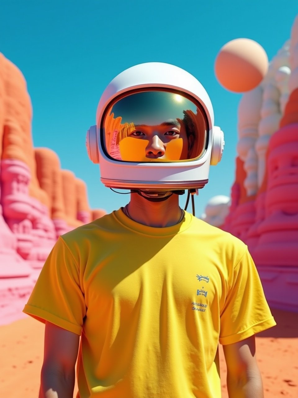 The image features a person wearing a futuristic helmet, standing amidst vibrant, surreal landscapes with pink and orange rock formations. The sky is a clear, vivid blue, creating a striking contrast. The reflective visor of the helmet adds a modern touch, while the yellow T-shirt enhances the overall warm color palette.