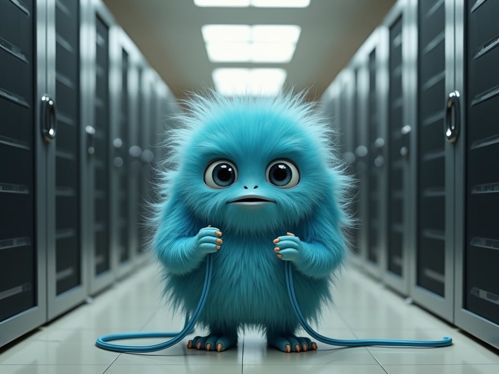 A whimsical, furry blue creature stands in a data center, holding a network cable. The creature has large, innocent eyes with a somewhat surprised expression. Surrounding it are rows of server racks, creating a humorous contrast between the mundane technology and the fantastical character.