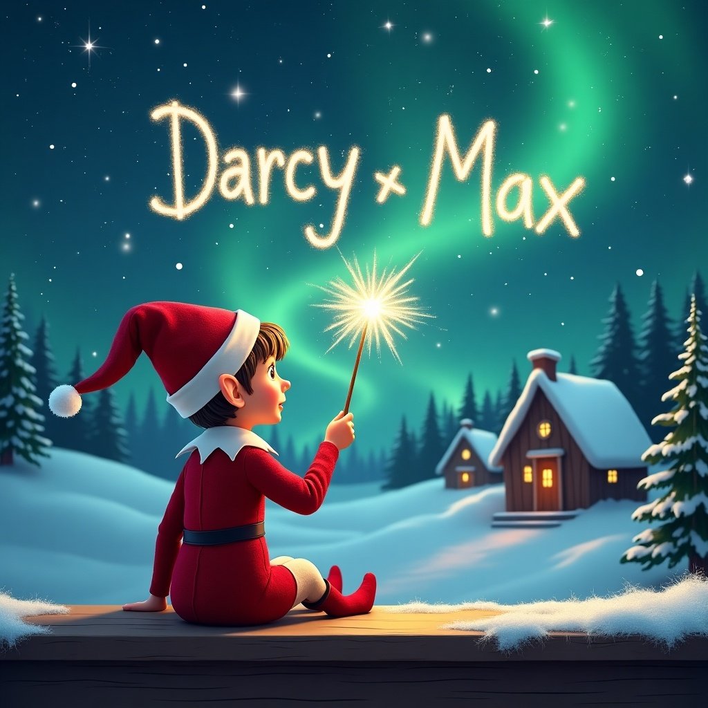 An elf sits on a wooden ledge with its back to the camera, gazing at a magical sky. The elf is dressed in a red outfit with a pointed hat and holds a sparkling wand. Using the wand, the elf writes the names 'Darcy' and 'Max' in the starry sky. The background depicts a snowy landscape, with charming little houses and evergreen trees under shimmering Northern Lights. This whimsical scene embodies the spirit of childhood magic and Christmas cheer.