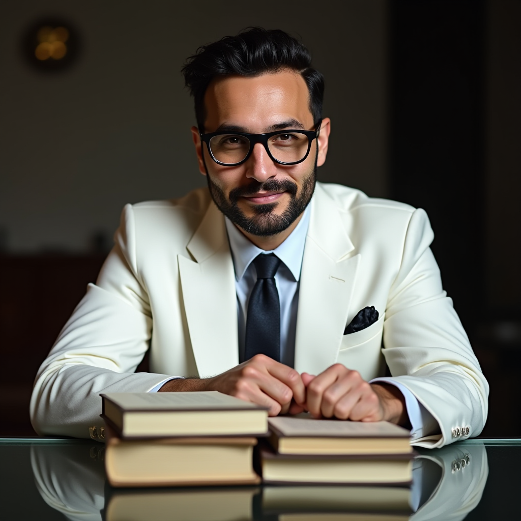 A man in a white suit with black glasses sits at a polished table stacked with books, exuding sophistication.