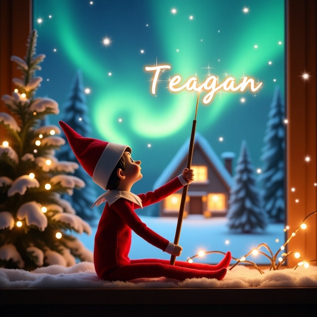 An elf on the shelf sits with its back to the viewer, gazing skyward. It holds a glowing wand that emits sparkling light. The background showcases a charming Christmas scene with colorful northern lights swirling above. In the distance, a cozy house can be seen, decorated for the holidays. Snow covers the ground, adding to the winter atmosphere. The elf is in a playful position, embodying the spirit of magic and wonder associated with Christmas. The name 'Teagan' is written in the air using the wand, creating a sense of holiday cheer.