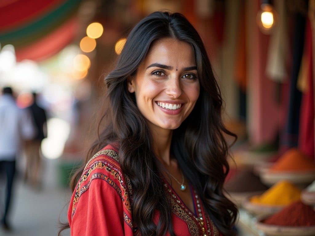 The image captures a woman in traditional attire smiling warmly at the camera. She stands in a vibrant market environment filled with colorful spices displayed in the background. The atmosphere is lively and the scene is bathed in soft, warm lighting, enhancing the comforting and engaging vibe.