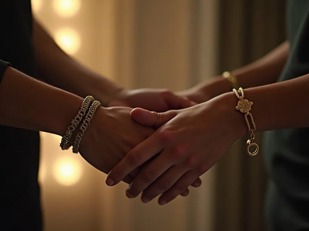 a close-up image of two hands holding each other, adorned with gold bracelets, in soft ambient lighting