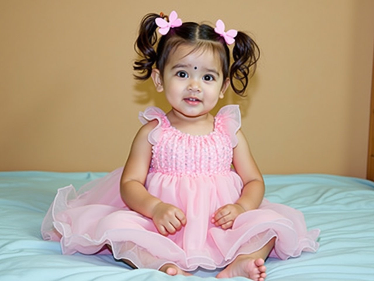 A small child sits on a bed with a light blue sheet. She has two playful pigtails adorned with pink bows. Her expression is curious, and she looks directly at the camera. The room features a plain tan wall behind her. The child is now wearing a charming pink dress, adding a youthful and cheerful vibe to the scene.