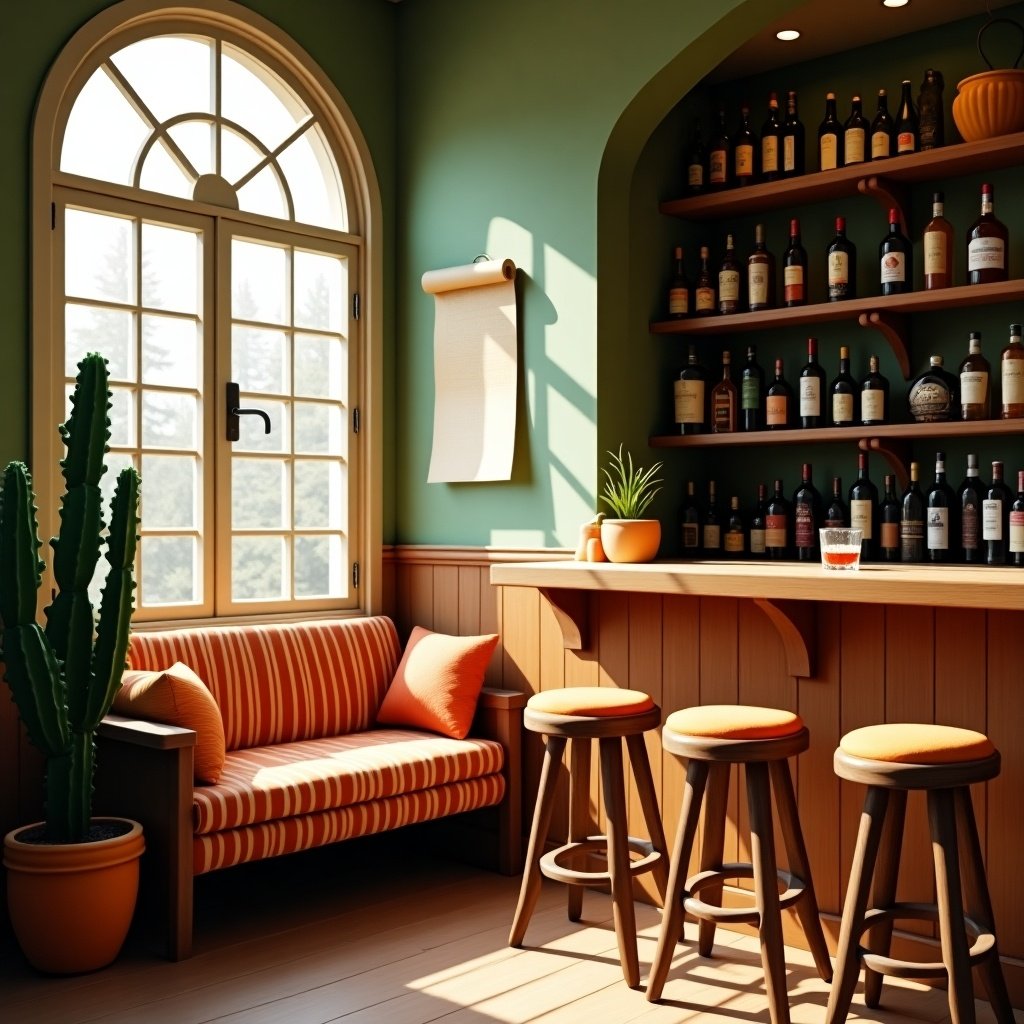 The image showcases a cozy bar interior radiating a warm and welcoming vibe. A large arched window lets in ample natural light, enhancing the inviting atmosphere. To the left, a tall cactus in a wooden pot complements the setting's greenery. The seating area features a striped bench with orange cushions and a small wooden table that holds a glass of whiskey. The wooden paneling painted in calming green tones adds to the charm, while shelves stocked with liquor bottles on the right promise a well-curated selection. Three bar stools with round orange cushions beckon guests to sit and enjoy their drinks.