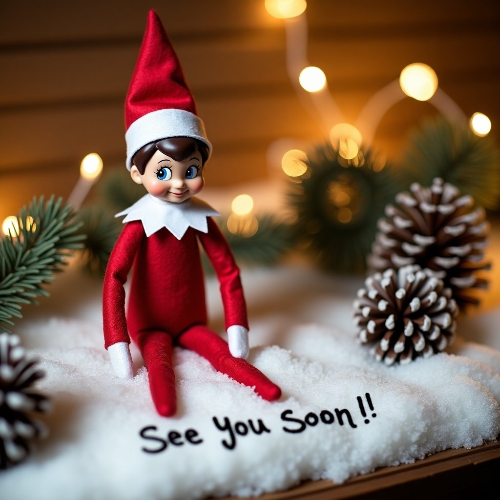 An Elf on the Shelf sits in a snowy scene, joyfully writing 'See You Soon!!' in the snow. The elf is dressed in a bright red outfit with white trim and sports an engaging smile that adds a playful touch. The background features softly glowing string lights, enhancing the cozy and festive atmosphere. Pine cones are scattered around, complementing the artificial snow that creates a charming wintery setting. This delightful setup captures the essence of holiday spirit and the beloved tradition of the Elf on the Shelf.