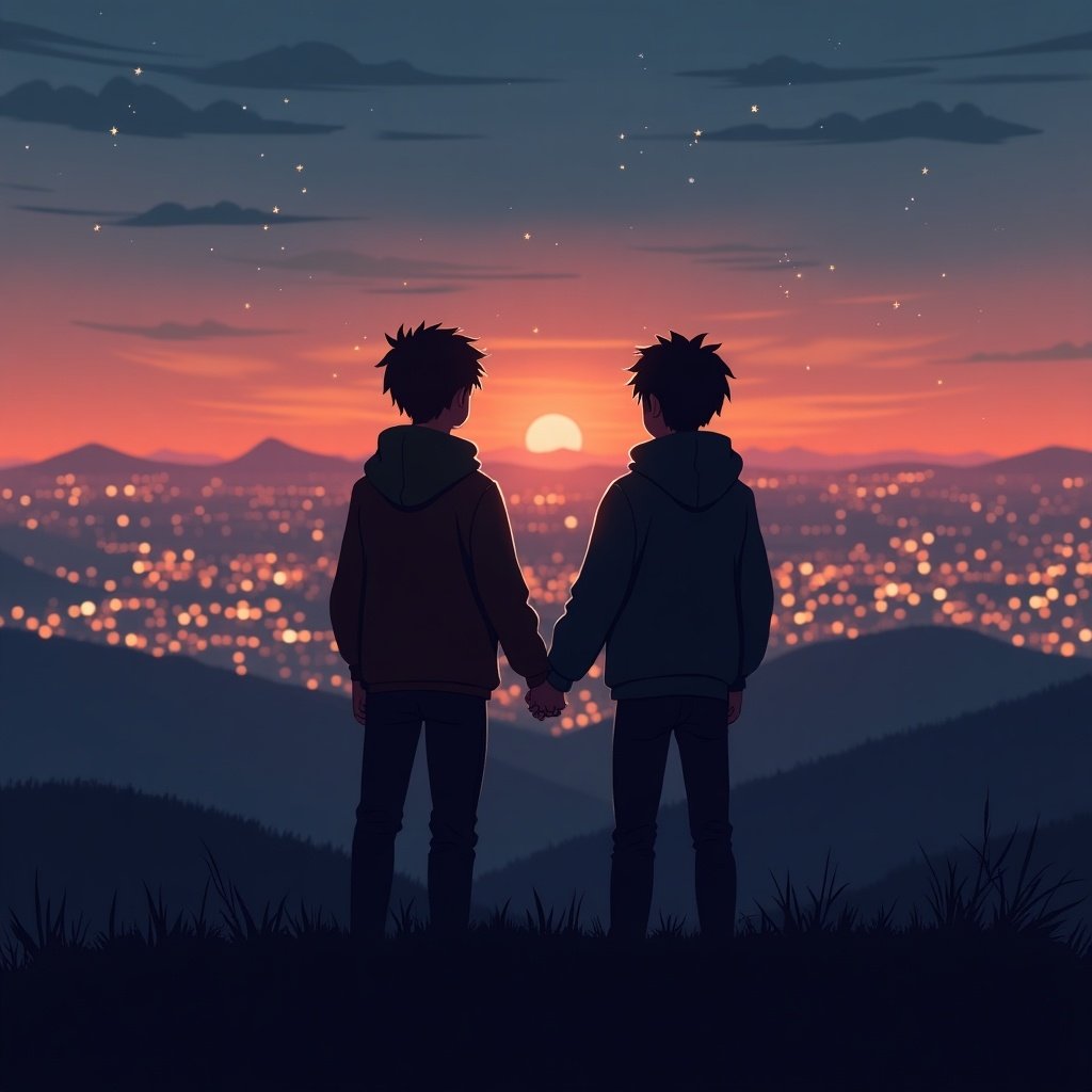 The image features two cute emo guys standing on a hill, holding hands while watching a beautiful sunset. The sky transitions from warm orange to deep blue, creating a serene atmosphere. In the background, the city lights flicker like stars. The boys are silhouetted against the colorful sky, emphasizing their closeness. This illustration captures the essence of love and companionship in a picturesque setting.