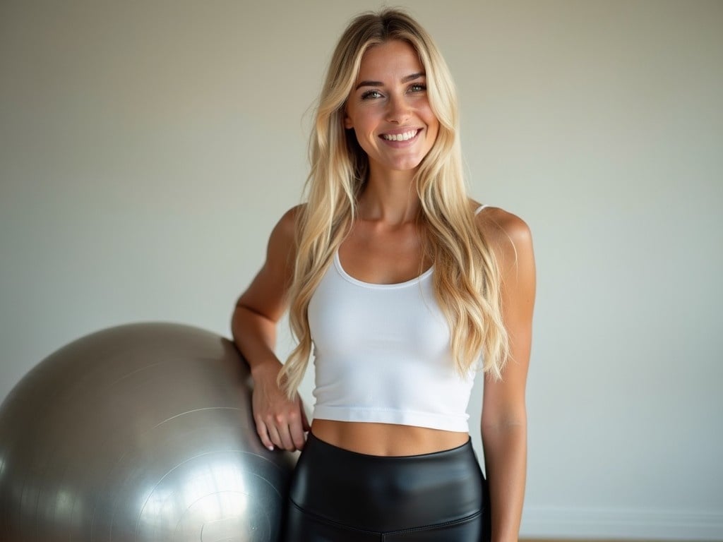 A pretty young woman with long blond hair and big black eyebrows is smiling broadly. She wears a tight white shirt and black leather leggings, and stands confidently beside a silver yoga ball. The background is minimalistic and softly lit, highlighting her joyful expression. This image conveys a sense of health, fitness, and positivity. The woman embodies an active lifestyle, making it suitable for fitness-related content. She looks approachable and inspiring, perfect for social media promotion or fitness material.