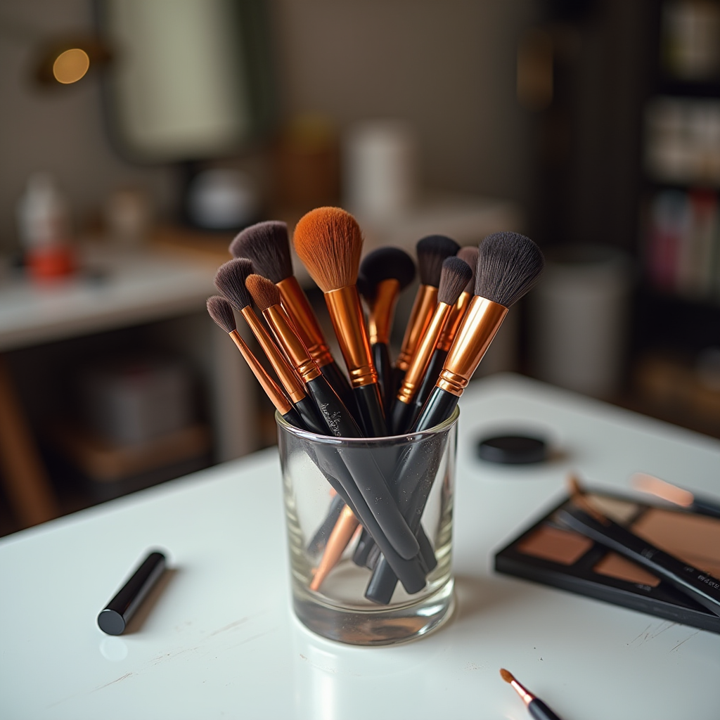 The image depicts a collection of makeup brushes placed in a transparent glass holder. The brushes are arranged with their bristles facing upwards, showcasing a variety of sizes and shapes, suitable for different makeup applications. The handles are sleek and black, and the metallic ferrules are a shiny copper color, adding an elegant touch to the set. The background features an out-of-focus dressing table setting, complete with scattered cosmetics and dim ambient lighting, lending a cozy and intimate feel to the scene.