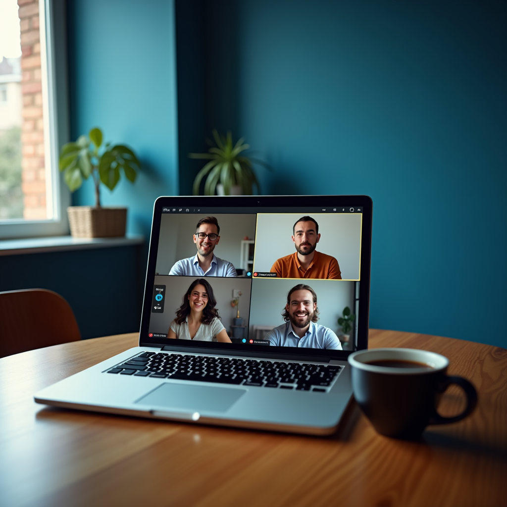 A laptop on a wooden table shows a video call with four smiling people, with a cup of coffee nearby.