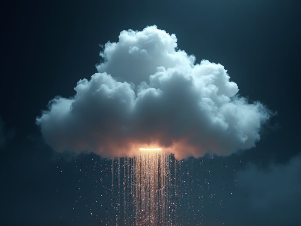 The image portrays a large, fantastical cloud glowing with light at its base, surrounded by a dark atmospheric backdrop. The cloud appears to be generating cascading streams of radiant light. This creates an intriguing contrast between the soft cloud texture and the sharp illumination. The overall ambiance is mysterious and captivating, with elements reminiscent of digital technology. It evokes thoughts about nature paired with advanced technology, making it a perfect visual metaphor for cloud computing.