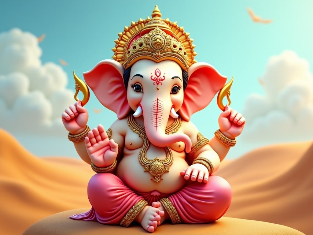 This digital artwork depicts a serene and stylized representation of Lord Ganesh, characterized by vibrant pink hues and intricate golden accessories against a tranquil desert background. The soft pastel sky and clouds create a peaceful ambiance, while the figure's calm demeanor and detailed ornamentation bring a sense of divinity and cultural richness.