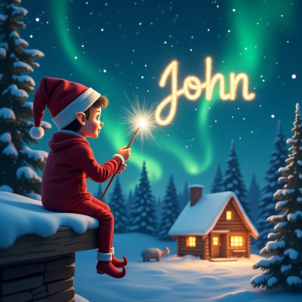 A charming scene featuring a boy elf on a shelf writing 'John' in the sky using a shimmering wand. The elf is seated on a snowy ledge, gazing at a starry night filled with northern lights. In the distance, a cozy cabin glows warmly with lights, enhancing the festive atmosphere. As the elf writes, a sense of joy and Christmas magic fills the air. This delightful image captures the essence of holiday spirit, perfect for seasonal celebrations.