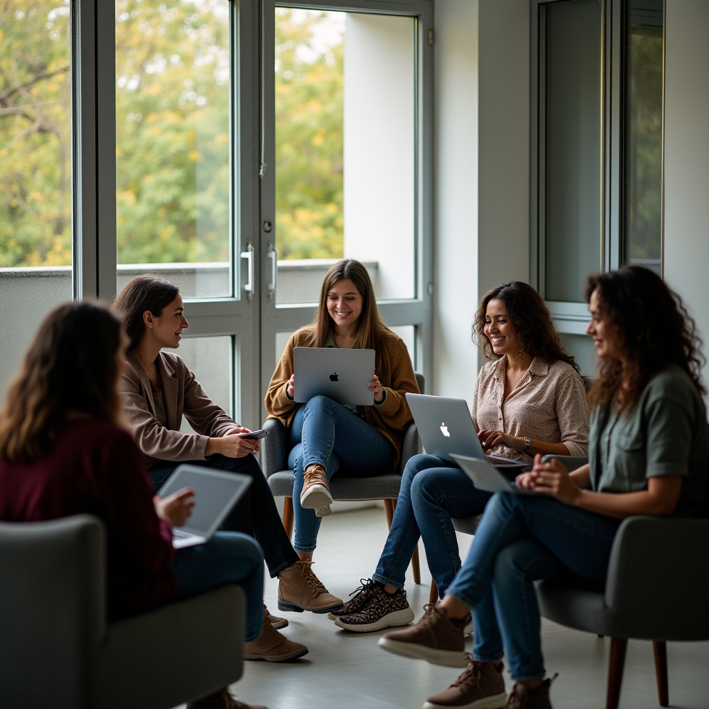 Five people sit in a circle, engaging in a discussion with laptops in a bright room.