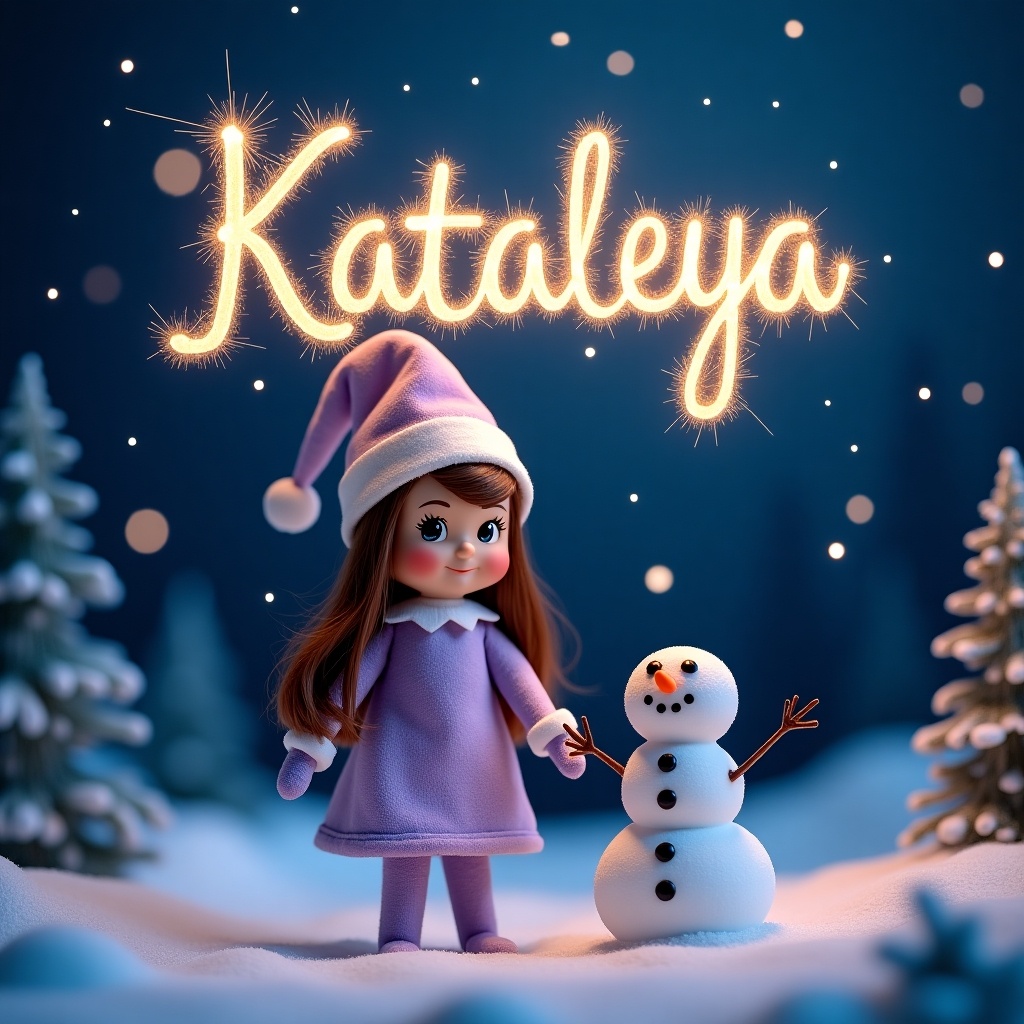 Create a whimsical scene featuring a lilac girl Elf on the Shelf named Kataleya. She has long brown hair and brown eyes, standing happily in a snowy woodland setting. Beside her stands a cheerful snowman. The night sky is filled with twinkling stars, and her name, 'Kataleya', is written above in sparkling lights. The scene captures the magic of winter and childhood imagination.